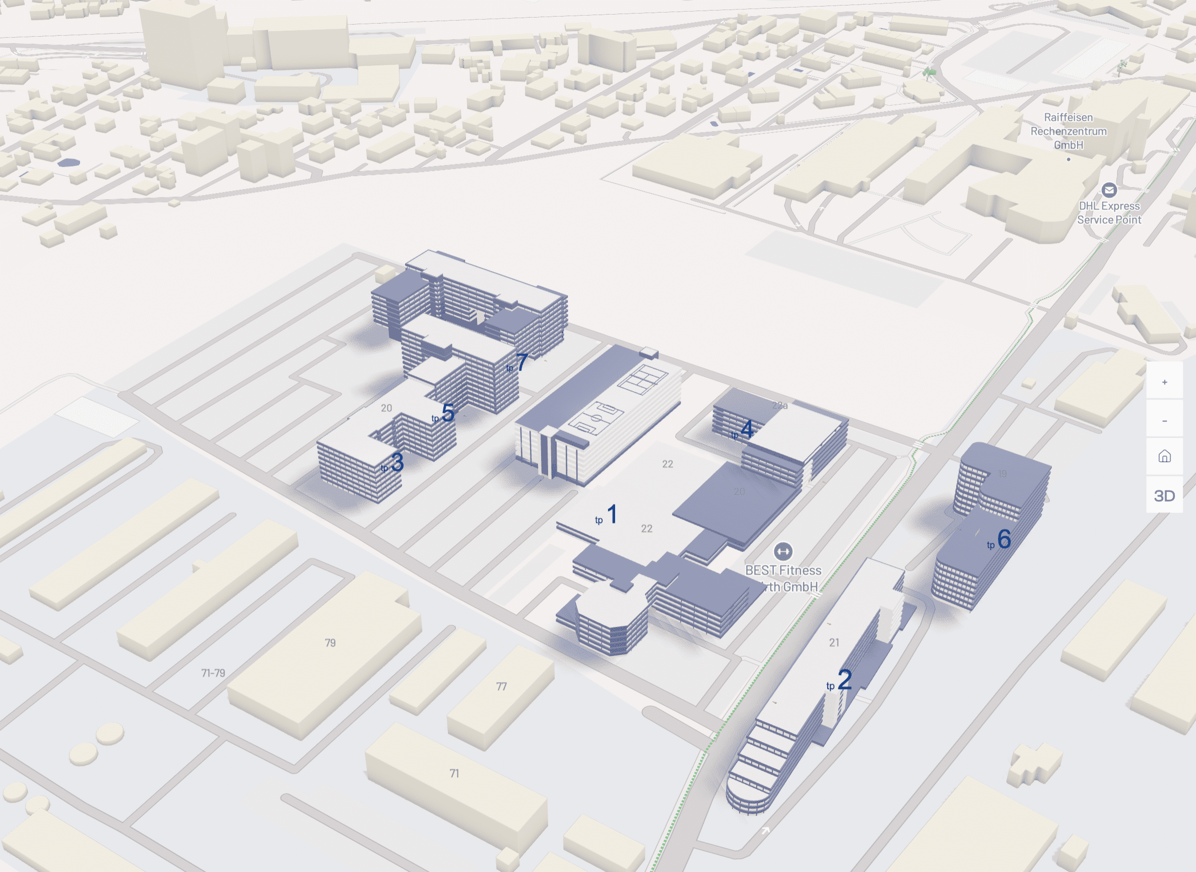 3D-Ansicht des Technopark Raaba mit Gebäudekomplexen und umliegenden Straßen.